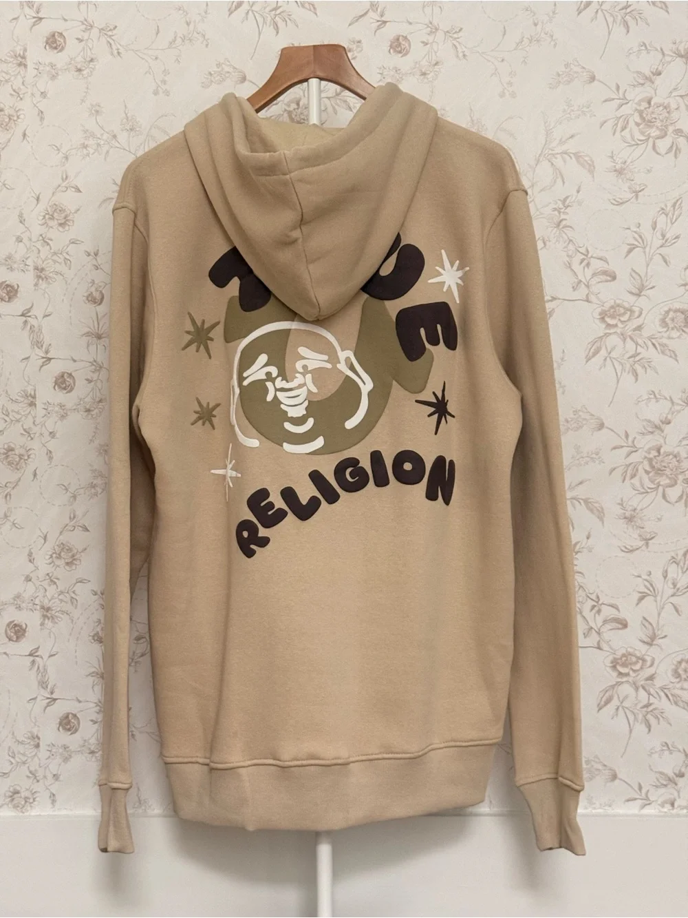 True Religion Men's Beige Graphic Crewneck Hoodie with Back Logo